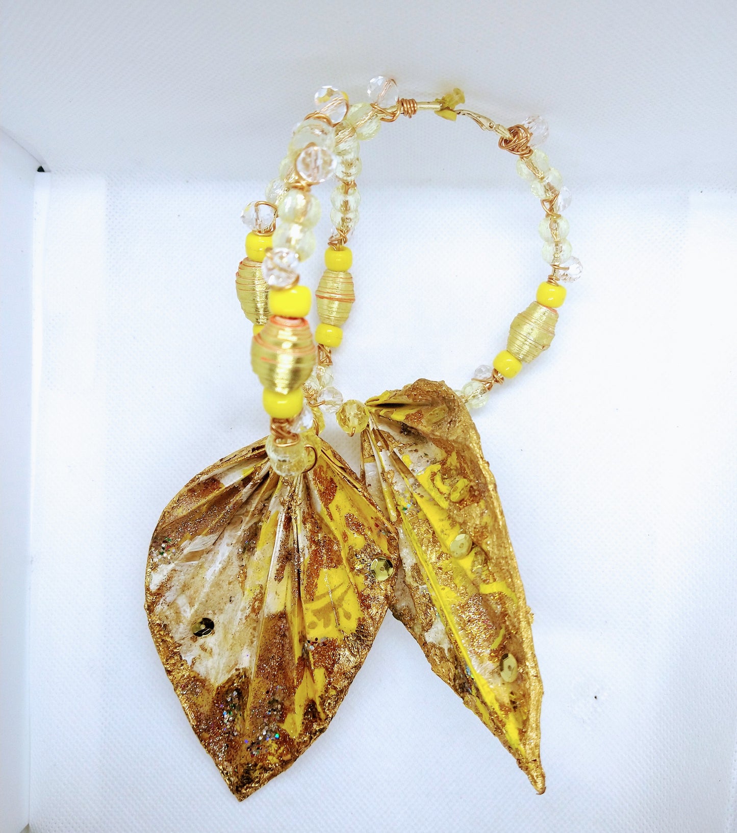 Handmade X-Large Leaf Life Hoop earrings with Glass clear beads mixed with gold paper beads and yellow pony beads with gold wrap 